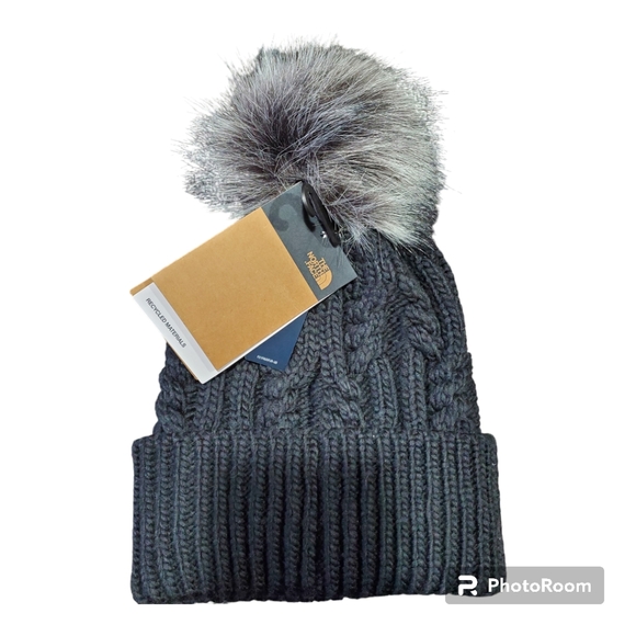 The North Face Womens OH mega pom faux fur beanie cable knit hat black - Picture 2 of 6